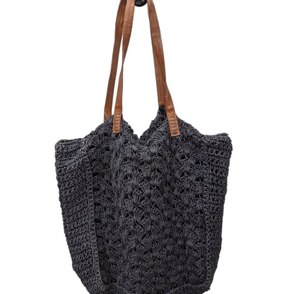 Merona Handbags - Merona Navy Blue Woven Paper Straw Tote Bag Faux Leather Straps Snap Closure